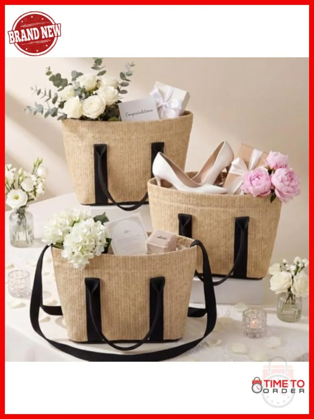 6 Pack Burlap Tote Bags Handwoven Beach Straw Bag with Handles